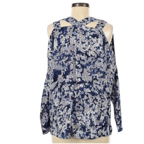 Juicy Couture sequin print long sleeve cutout top blue silver‎ size L - Picture 2 of 8